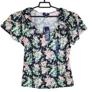 Womens Chaps Floral Print Blouse 100% Cotton Short Sleeves V-Neck Size L